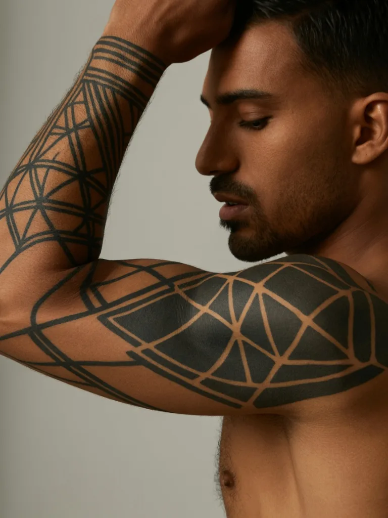 Geometric blackwork tattoo across a shoulder and arm