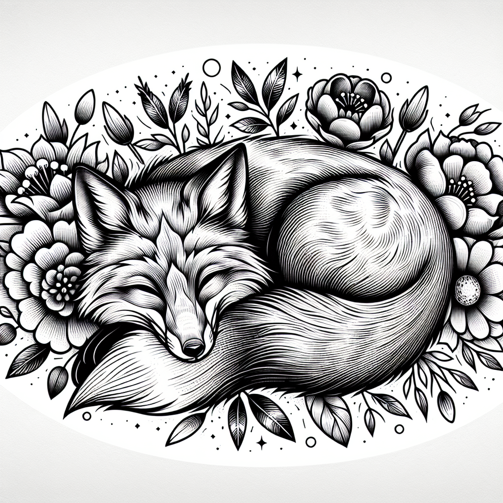 Tattoo of A fox curled up in a bed of flowers in Full Color – Fine Line