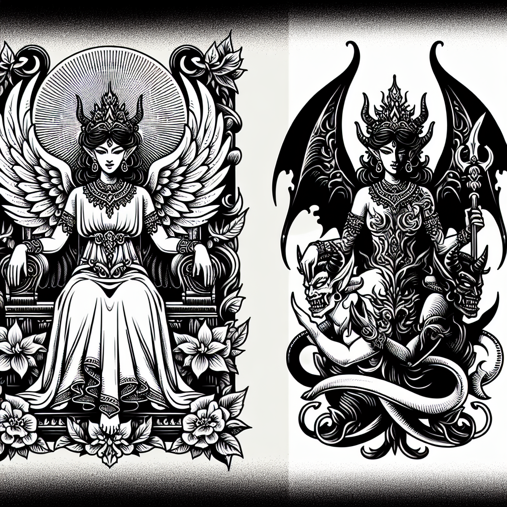 Tattoo of a bad ass bitch queen on her trone how is half demon half angel in Black and White – Fine Line