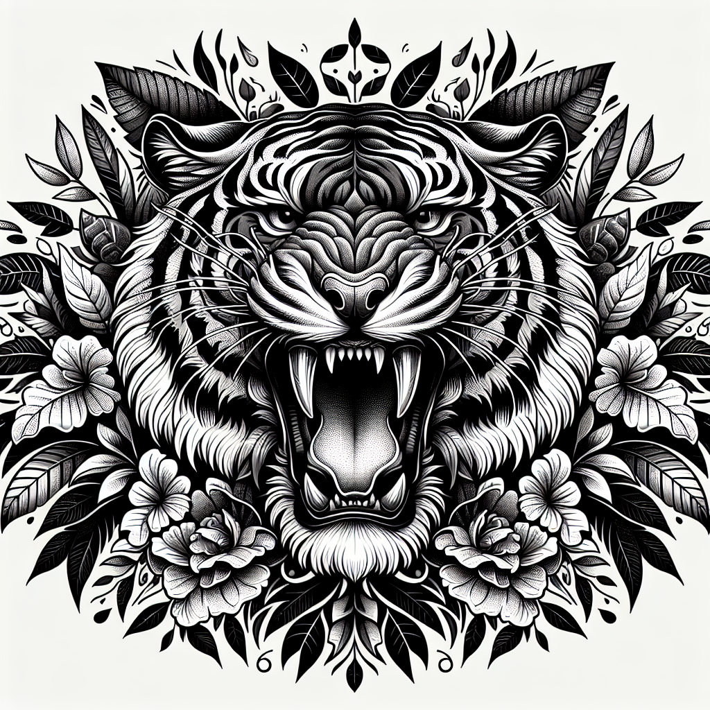 Tattoo of A roaring tiger with jungle foliage in Black and White – Realism