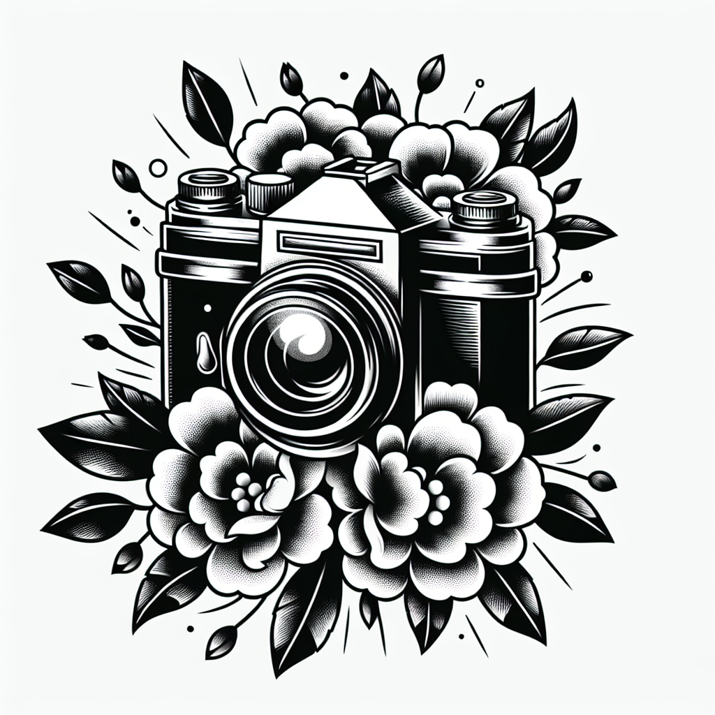 Tattoo of A vintage camera with blooming flowers in Black and White – Classic Americana