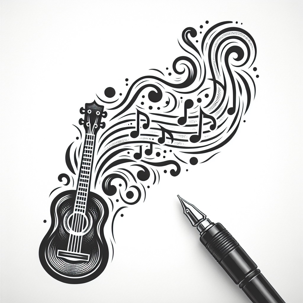 Tattoo of A guitar with music notes flowing out in Black and White – Fine Line