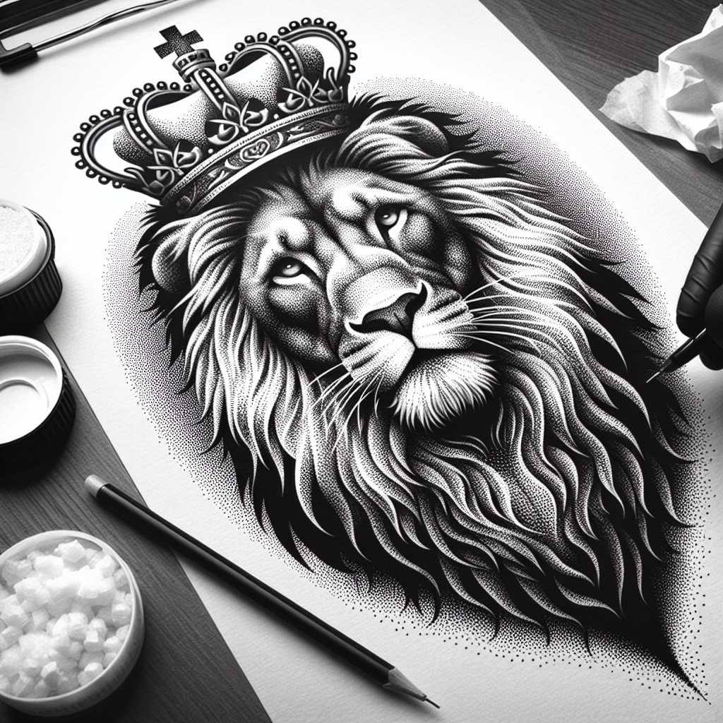 Tattoo of A lion with crown in Black and White – Dotwork