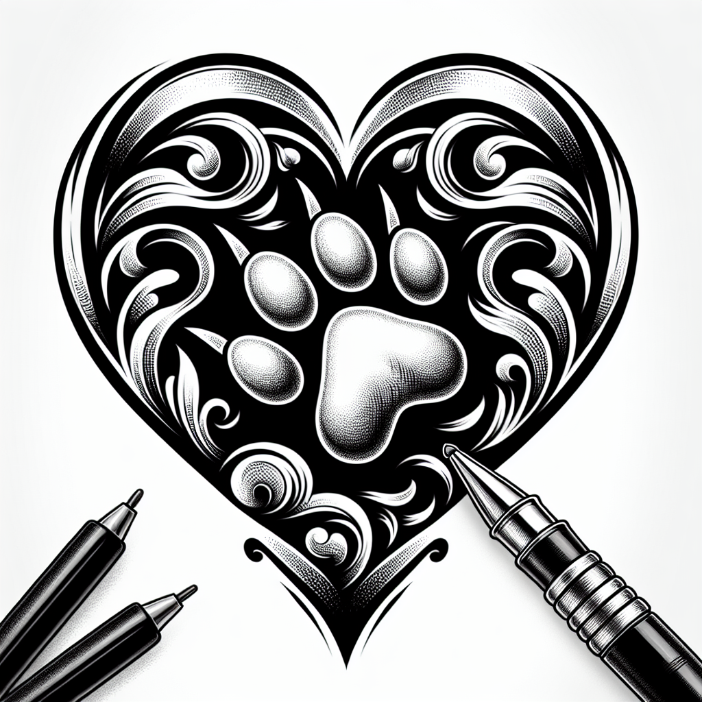 Tattoo of A heart with a dog paw inside in Black and White – Realism