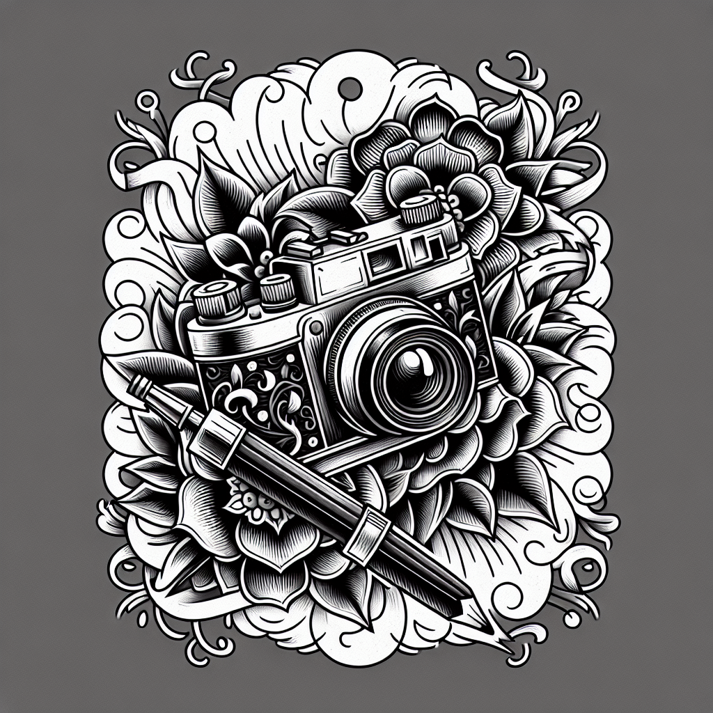 Tattoo of A vintage camera with blooming flowers in Black and White – Chicano