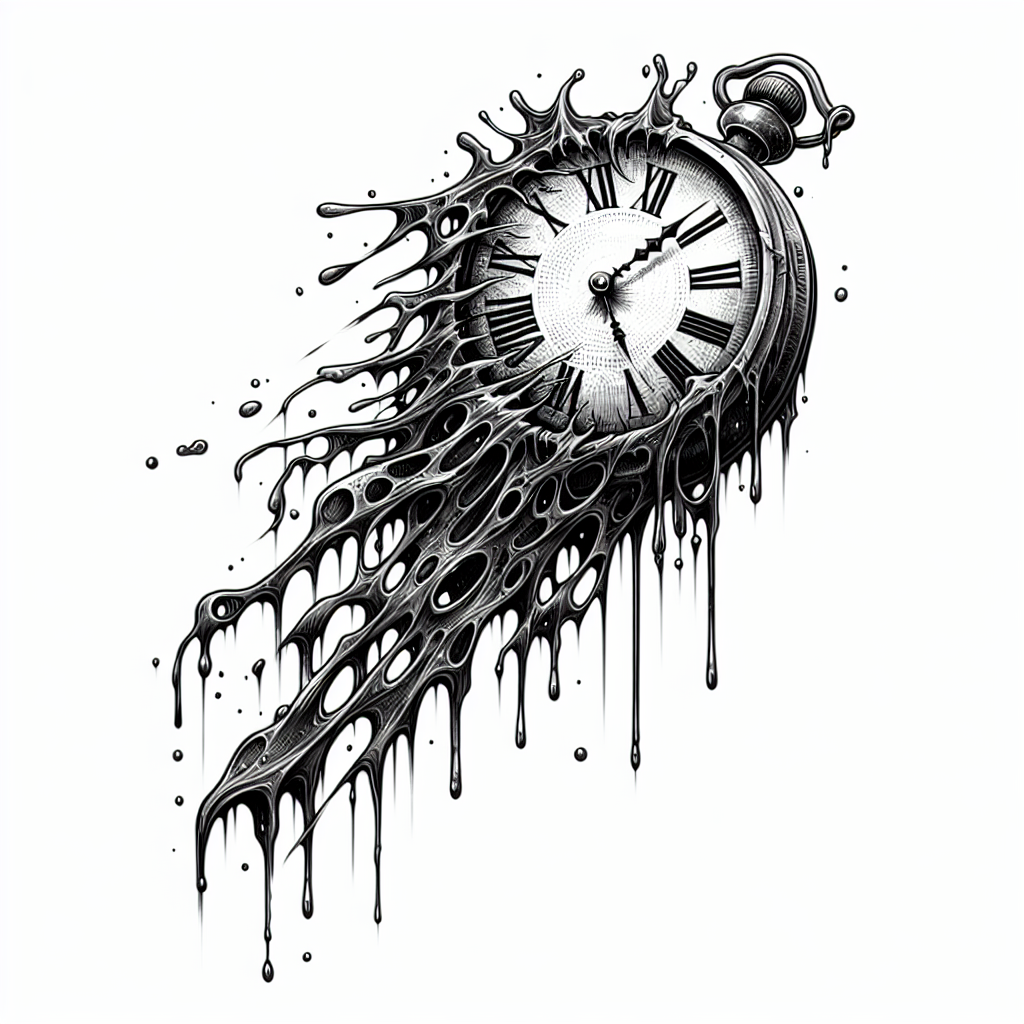 Tattoo of A surreal, melting clock design in Black and White – Trash Polka