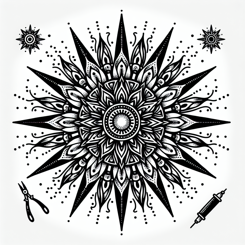 Tattoo of A sunburst with detailed rays in Black and White – Fine Line