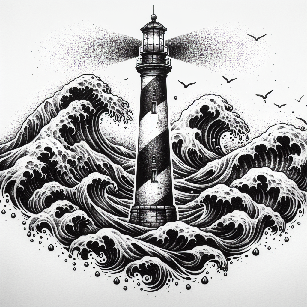 Tattoo of A lighthouse with waves crashing around it in Black and White – Micro-Realism