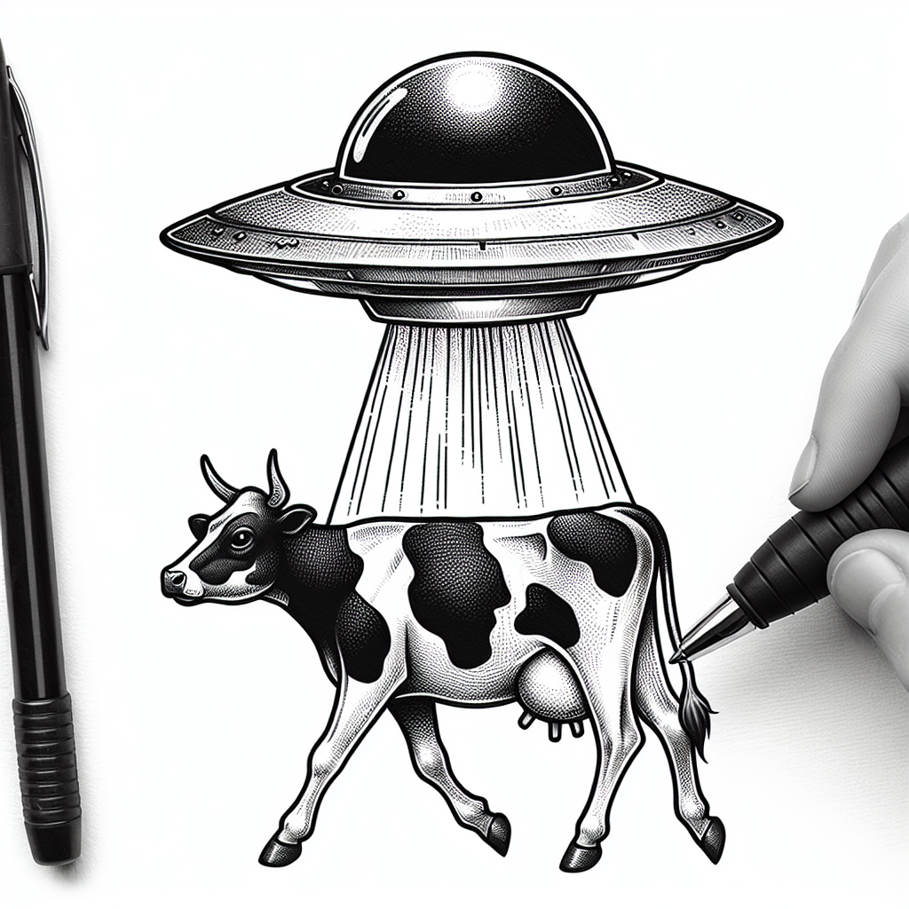 Tattoo of A small UFO abducting a cow in Black and White – Fine Line