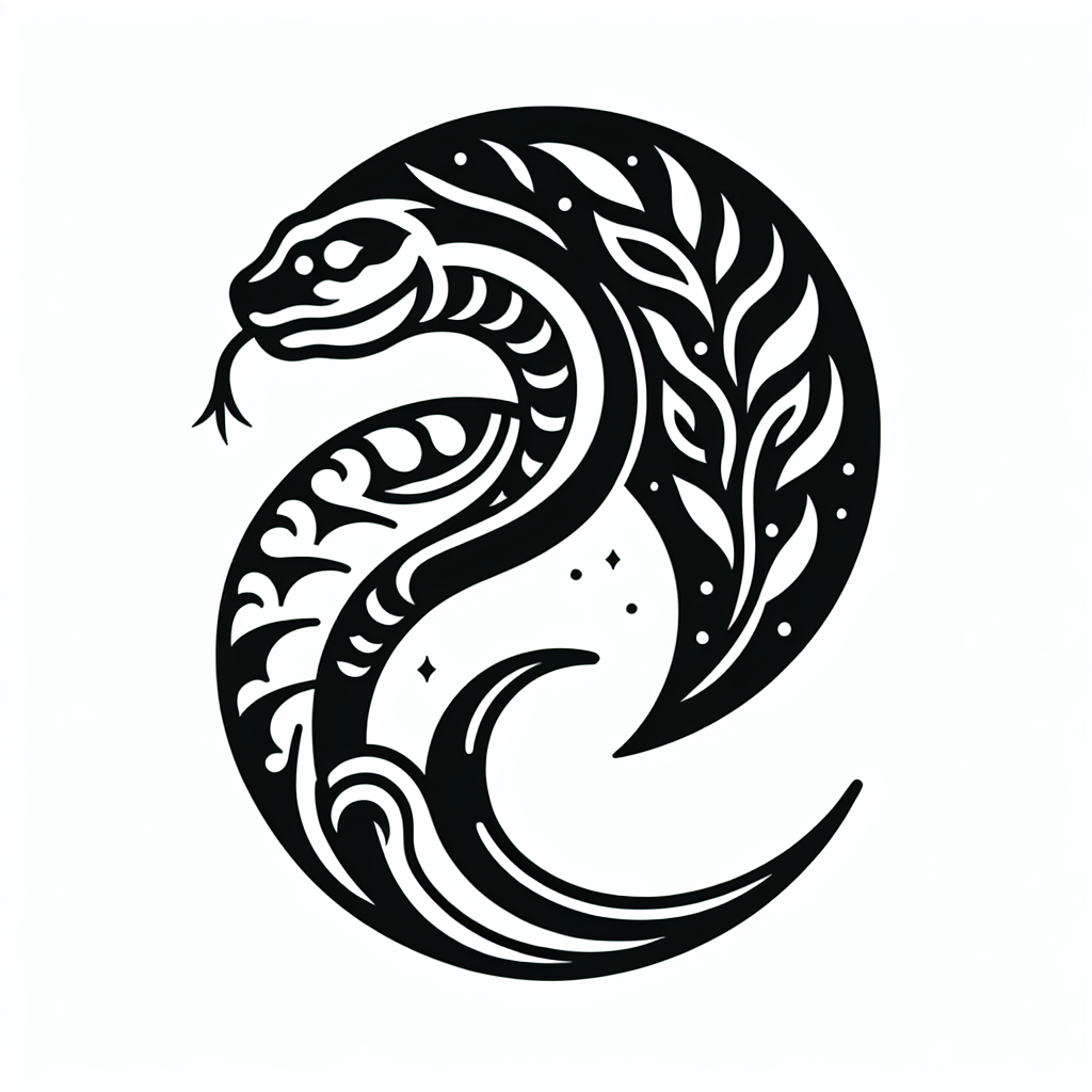 Tattoo of A snake wrapped around a crescent moon in Black and White – Blackwork