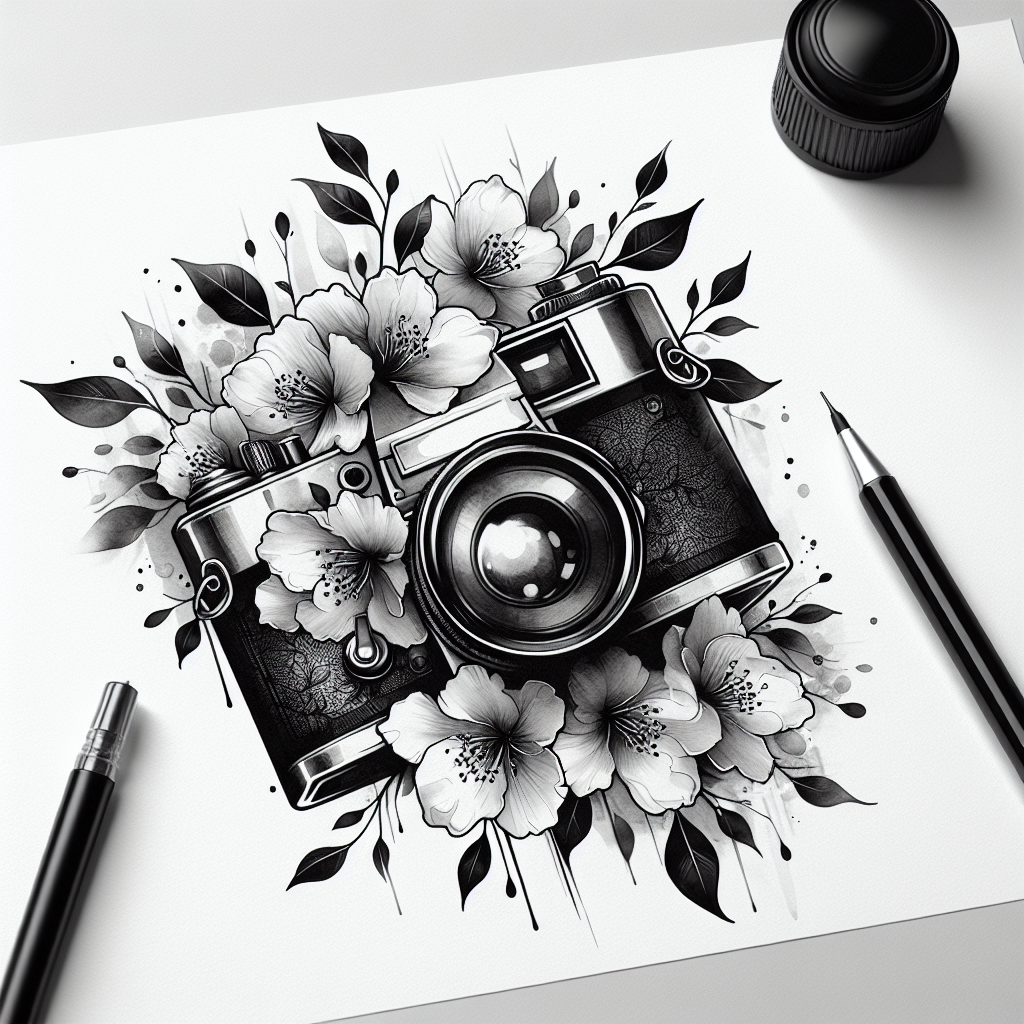 Tattoo of A vintage camera with blooming flowers in Black and White – Watercolor