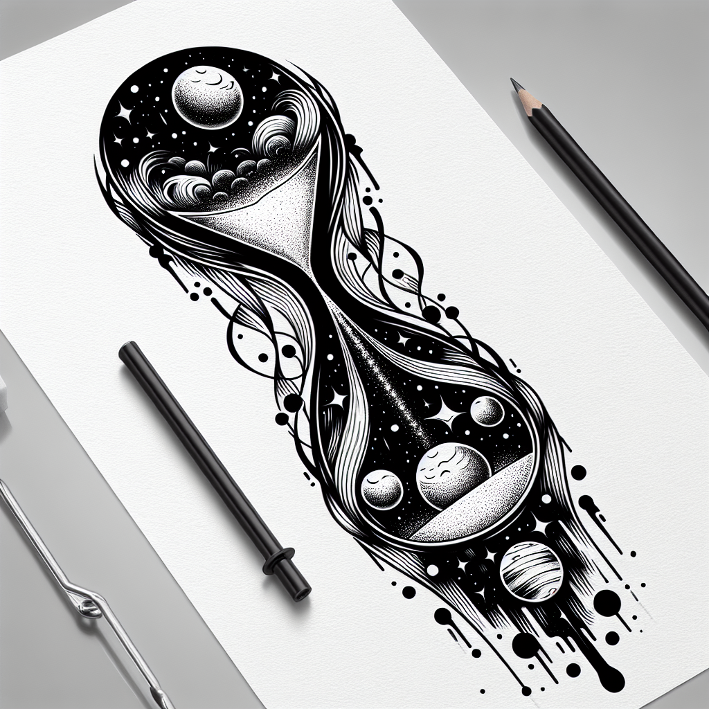 Tattoo of A celestial hourglass with sand flowing between planets in Black and White – Fine Line