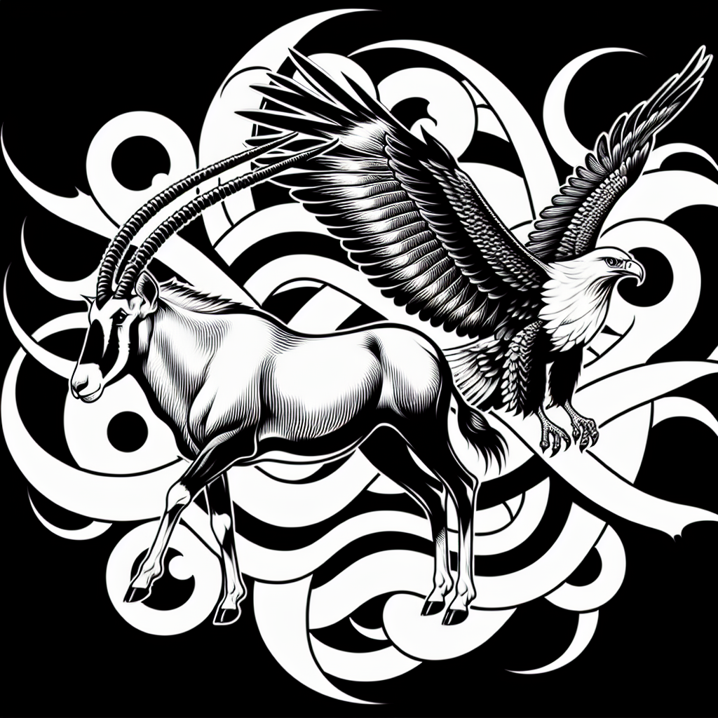 Tattoo of Oryx antelope and African fish eagle in Black and White – Japanese