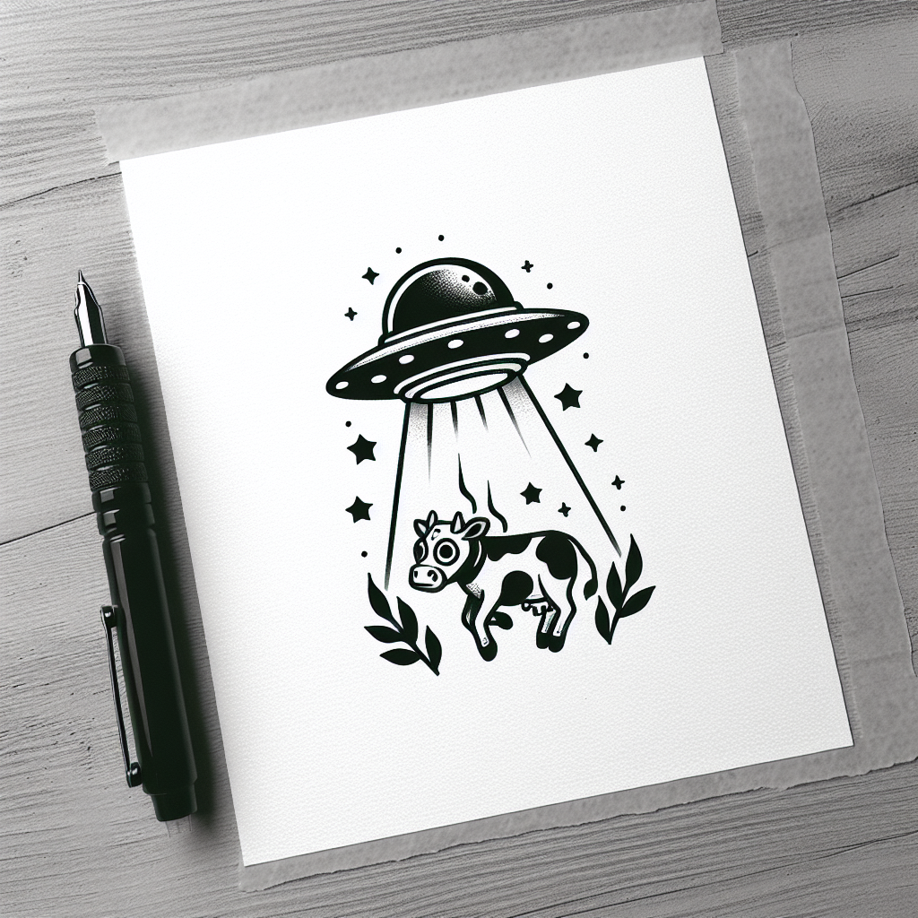 Tattoo of A small UFO abducting a cow in Black and White – Blackwork