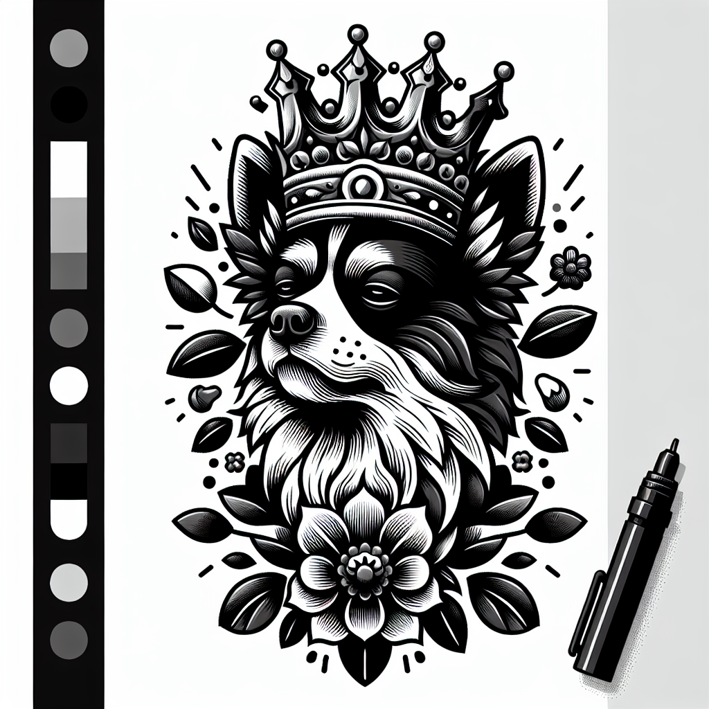 Tattoo of A dog wearing floral crown in Black and White – Surrealism