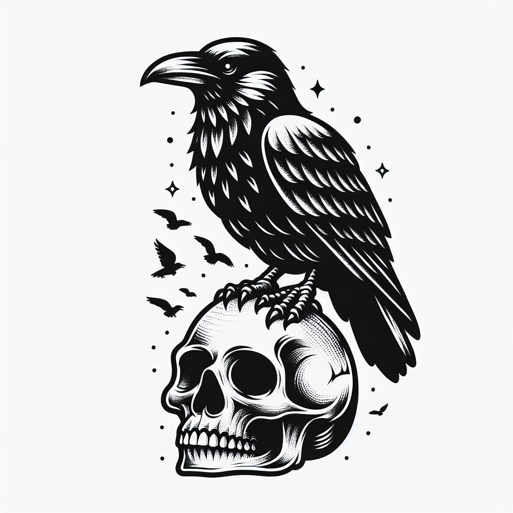 Tattoo of A raven perched on a skull in Black and White – Neo-Traditional