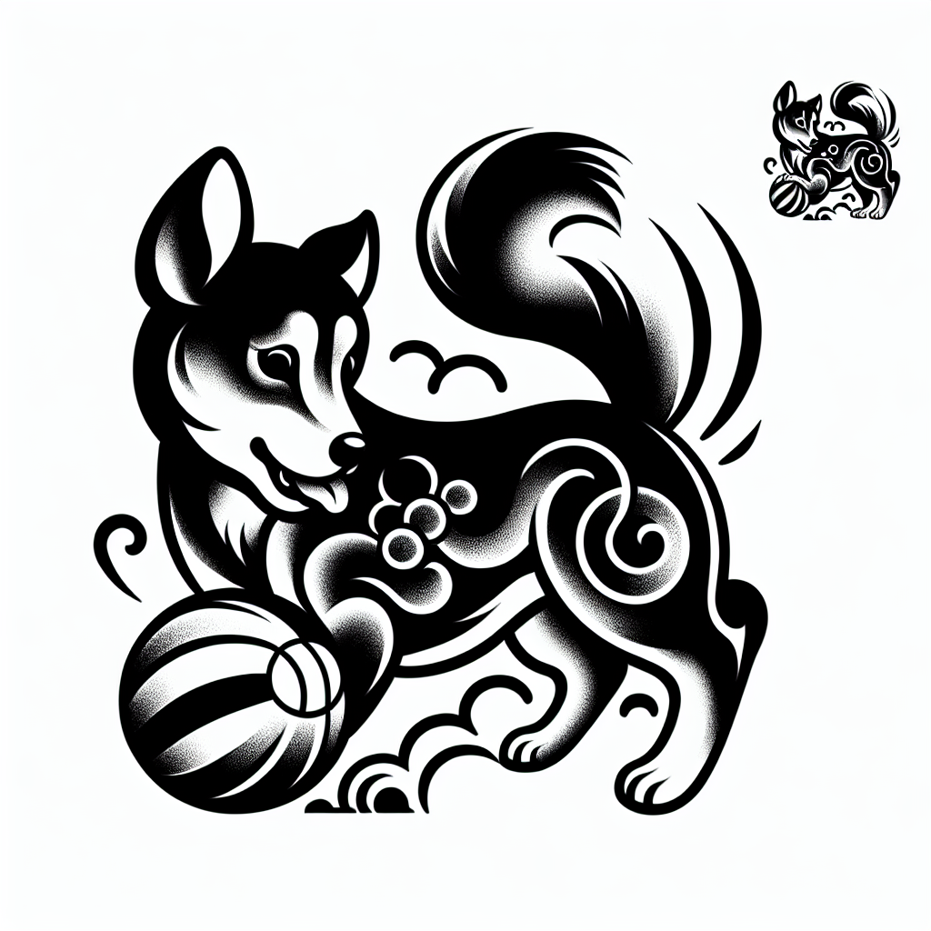 Tattoo of A dog playing with a ball in Black and White – Japanese