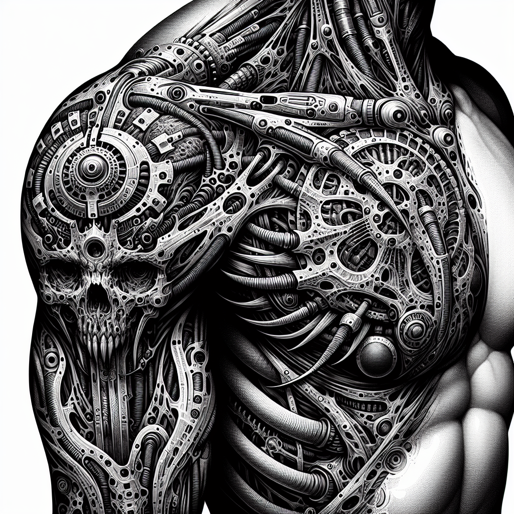 Tattoo of Некроготика в стиле Гигера на плече с рельефом мышц in Black and White – Biomechanical