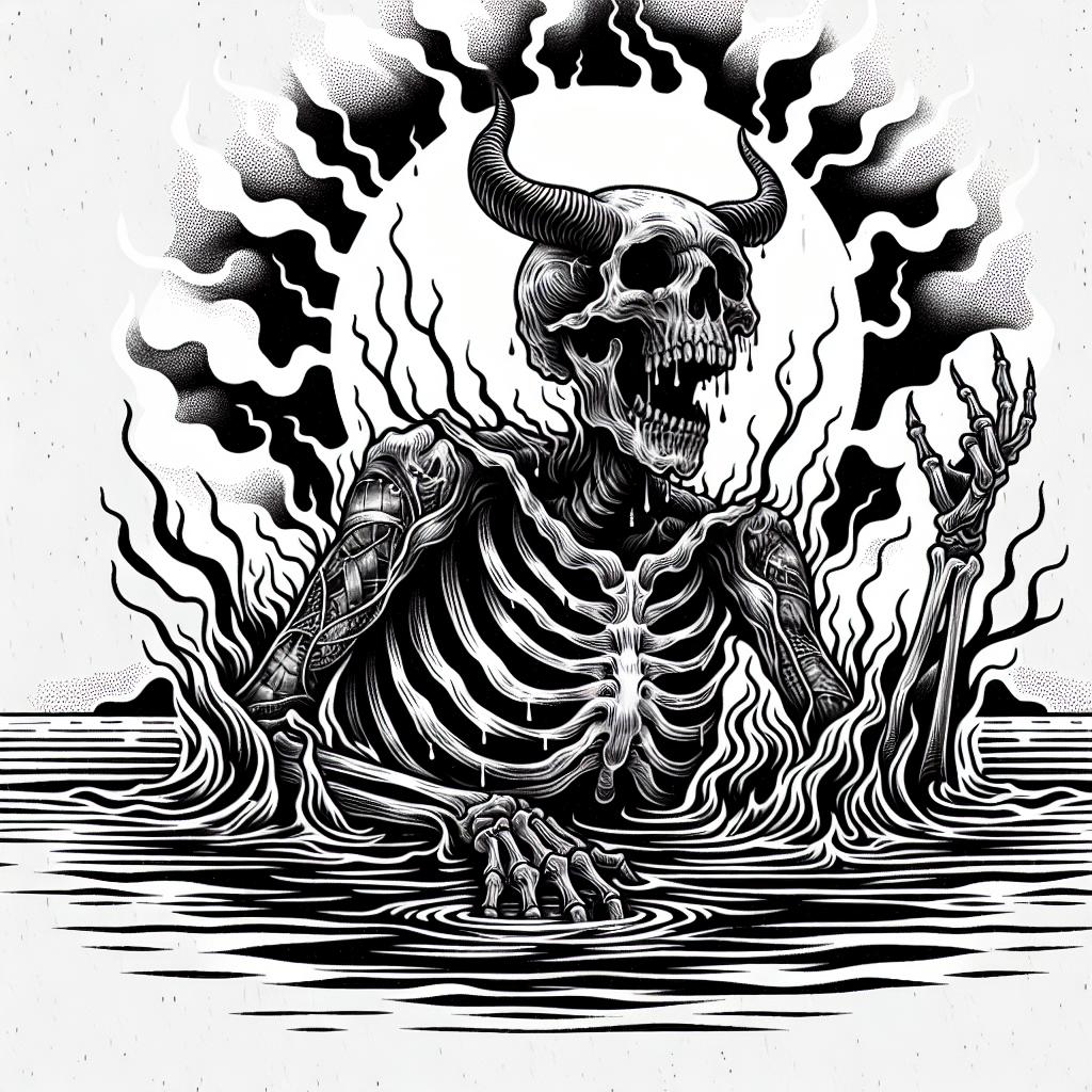 Tattoo of skeleton demon drowning in water in Black and White – Realism