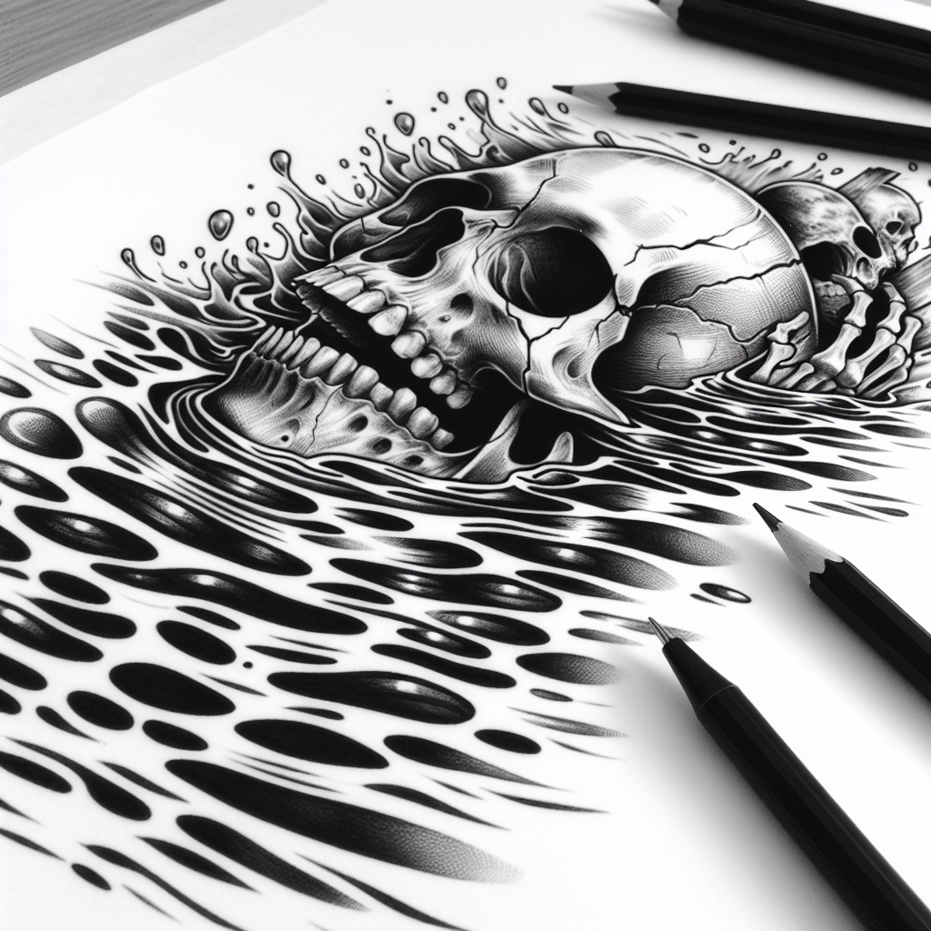 Tattoo of skeleton drowning in water in Black and White – Realism