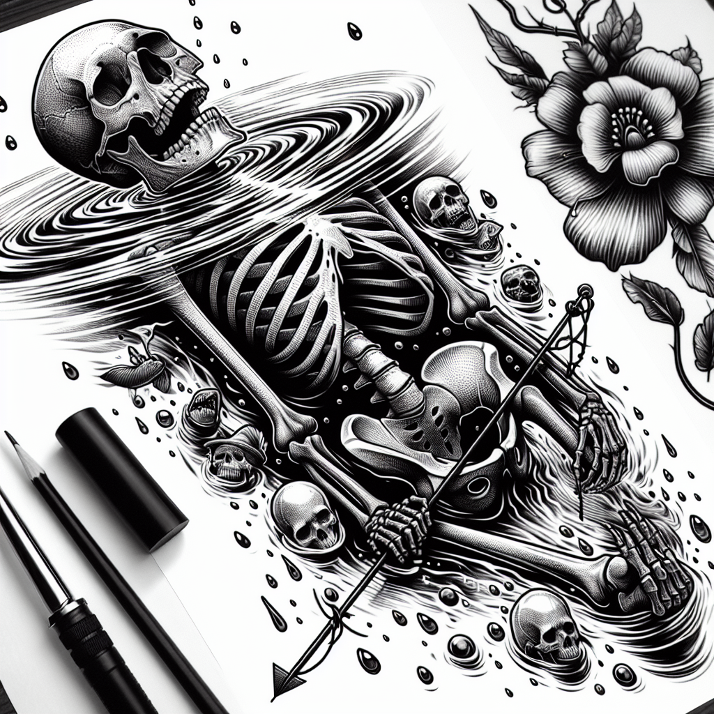 Tattoo of skeleton drowning in water in Black and White – Realism