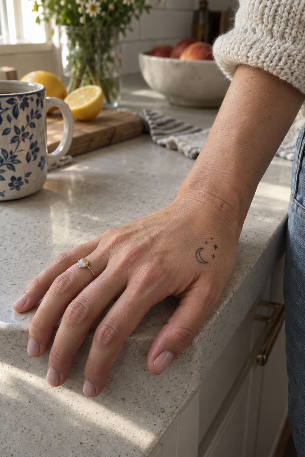 Minimalist Crescent Moon on the Hand